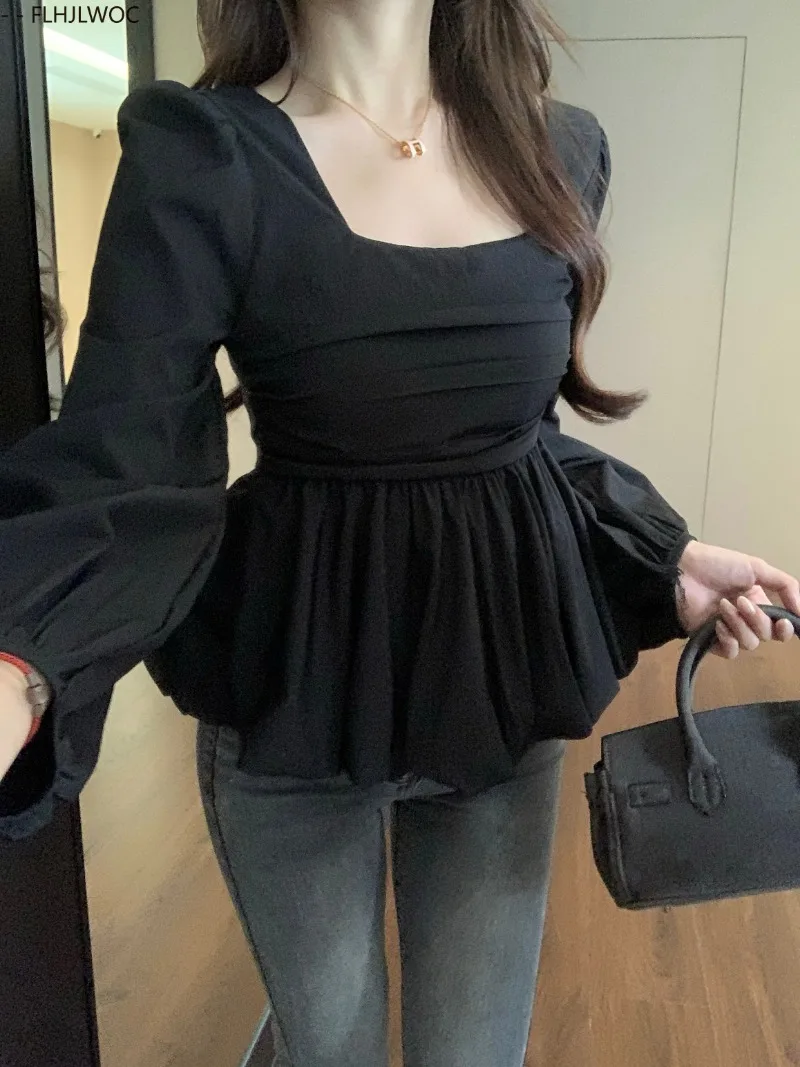 Belly Tunic Peplum Tops Blouses New Design Women Long Sleeve Casual Chic Korea Slim Fitted Black White Basics Shirts