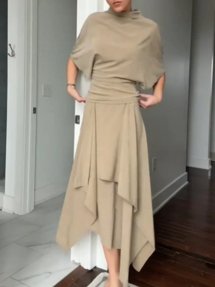 Fashion Elegant Casual Top Skirt Sets High Neck Loose Crop Shirt Irregular Pleated Hem Long Skirt 2026 New Lady Commuter Outfits 6