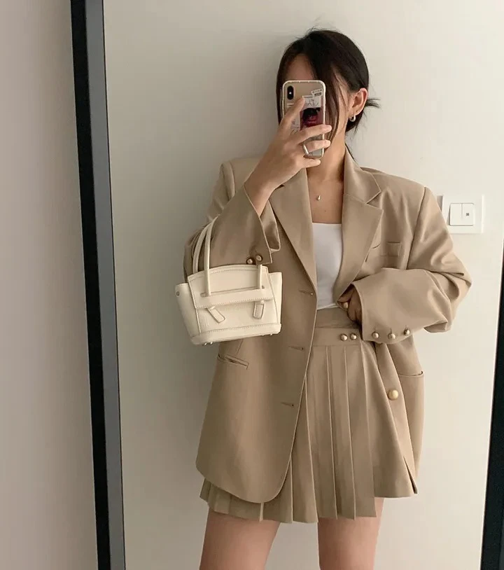 Korean Chic Two-piece Skirt Set Women Single Breasted Blazer Loose Jacket Solid Pleated Mini Skirt Autumn Office Lady Outfits