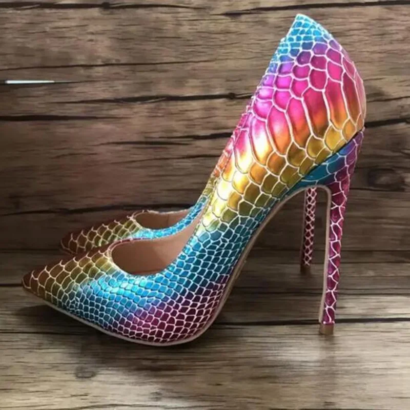 

Sexy Colorful Snake Print Leather Pumps Heels Woman 12CM Pointed Toe Heels Women Formale Shoes Bride Slip-on Wedding Dress Shoes