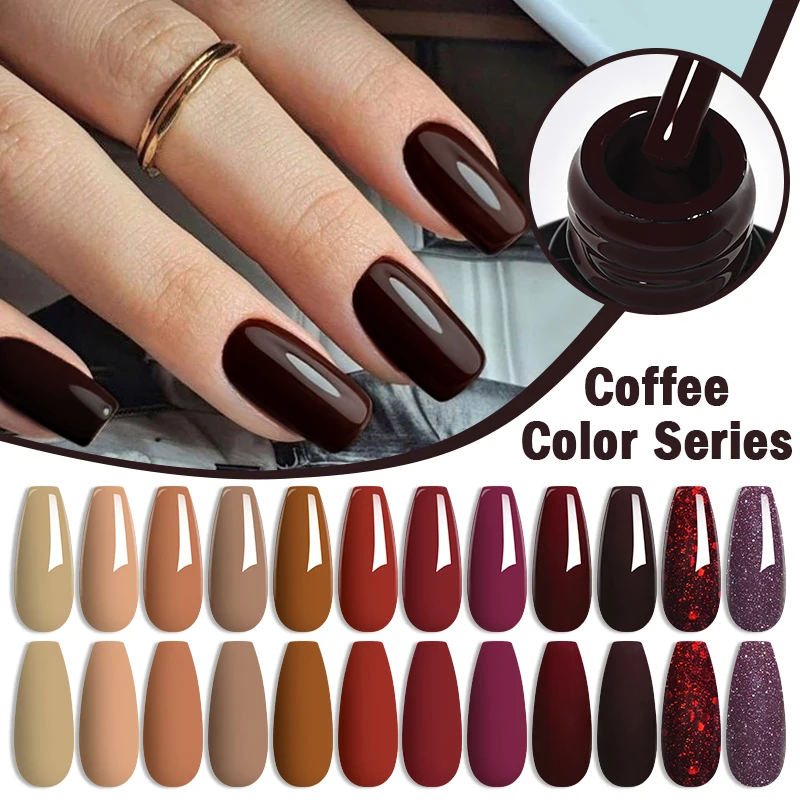 10/12pcs Coffee Brown Gel Nail Polish Set Sparkly Glitter Gel Polish Semi Permanent Soak Off UV Gel Varnish Manicure Kit 2