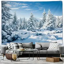  Winter Forest Snow Scene Tapestry Wall Hanging Christmas Tree Happy New Year Bedroom Living Room Patio Wall Hanging Mural Decor 