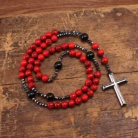 Perles turquoise rouge naturelles de 8 mm avec pendentif croix en hématite pour hommes et femmes 4