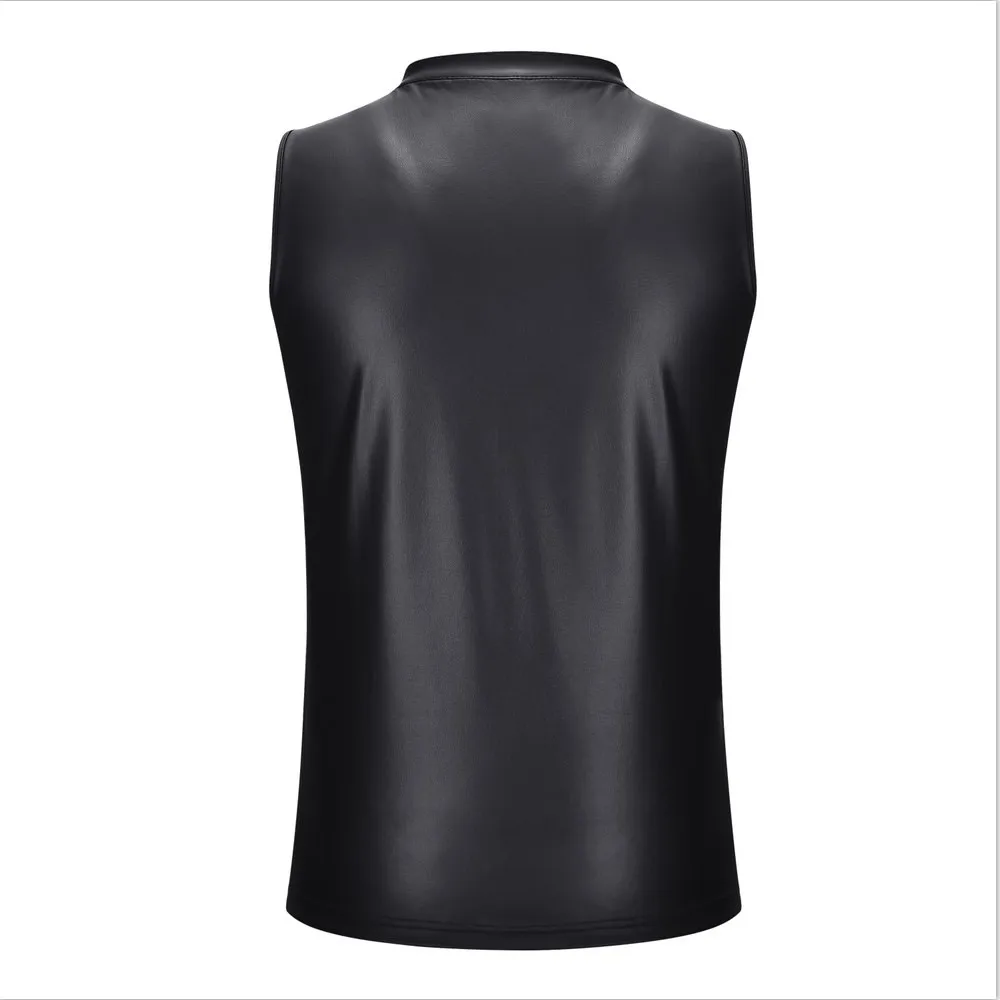 

Man Vests Male Party Sexy Shiny Sleeveless Spandex Stage T-shirt Tops Vest Vintage Costume Zip Faux Leather 2022