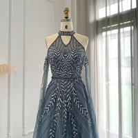Luxury Dubai Blue Evening Dresses with Cape Sleeves Elegant Silver Gray Gold Women Wedding Party Gown In Stock SCZ071 1