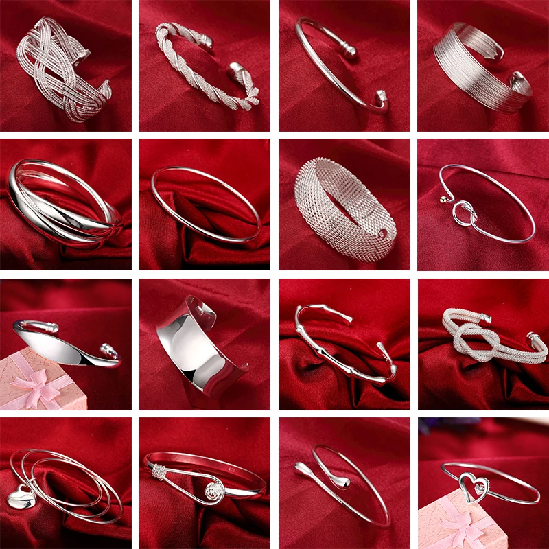 

Wholesale Trendy 925 Sterling Silver Bangles Bracelet Round Heart Open For Women Fashion Jewelry adjustment Cuff wedding