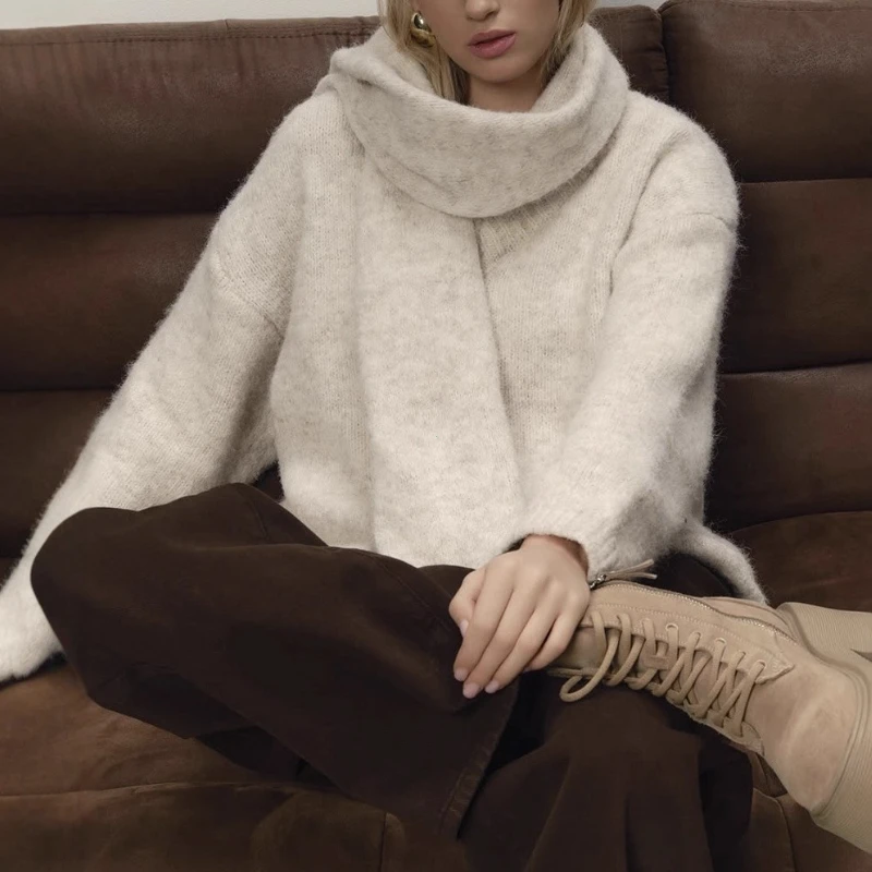 2025 New Soft Loose V Neck Knitted Sweaters Women Winter Solid Female Pullovers & Scarf Warm Basic Knitwear Jumper