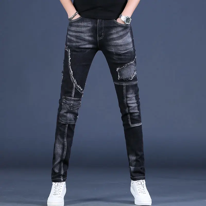 

2022 spring tide brand nostalgic high-end washed motorcycle patch stitching black jeans men's slim stretch trend Korean trousers