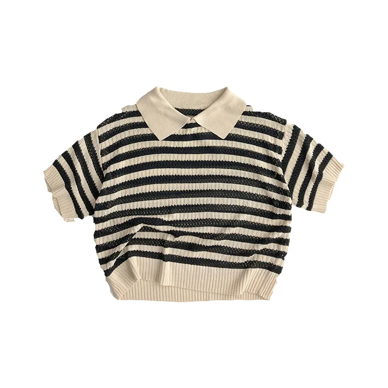 Children's Knitted Casual Shirts Summer Girl's Knitted Tops Striped T-shirts Retro Style Boy's Tops
