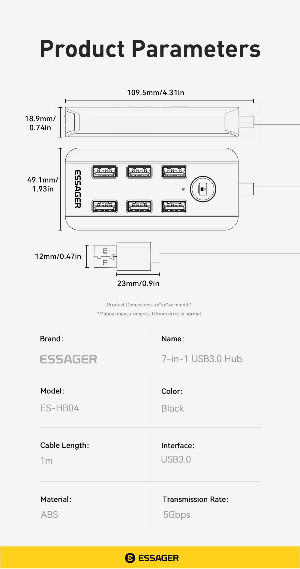 7-in-1 USB 3.0 Hub Multi USB Splitter Power Adapter 5Gbps High Speed USB Splitte