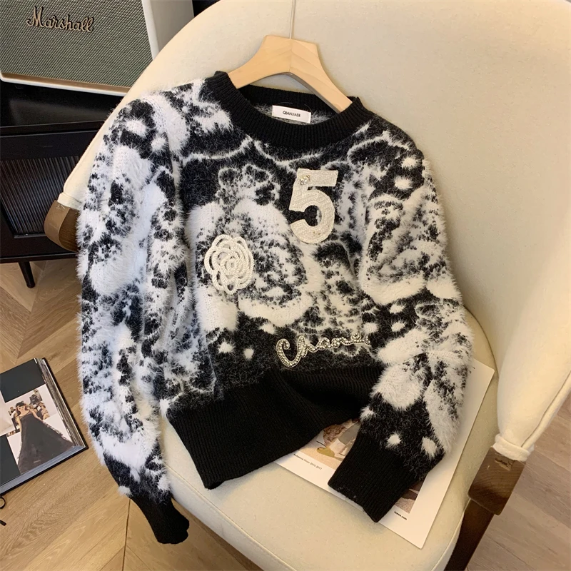 

Autumn Winter Foral Pullovers Sweater Women New Vintage Jacquard Fake Mink Cashmere Sweaters Mujer Knitwear Jumpers Sueter Mujer