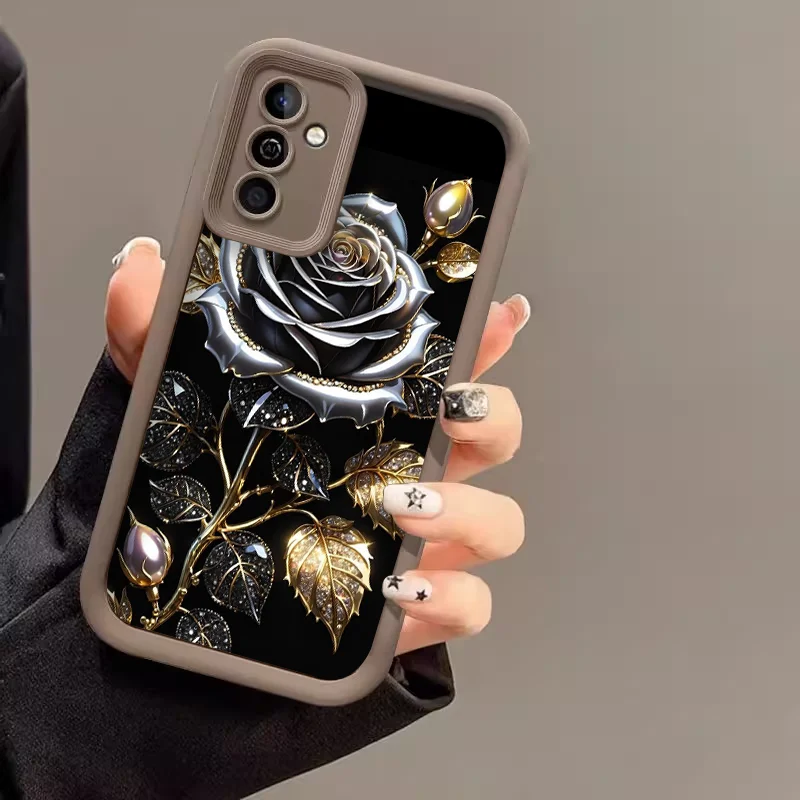 Elegant Black Gold Rose Flower Silicone Phone Case - Soft Cover Skin