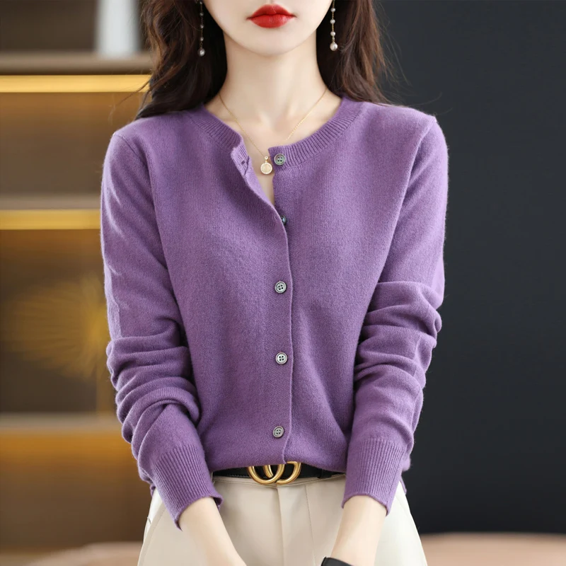 

New Chic Autumn Winter Women‘s O-neck Cashmere Cardigan Sweater Solid Cashmere Knitted Female Cardigan