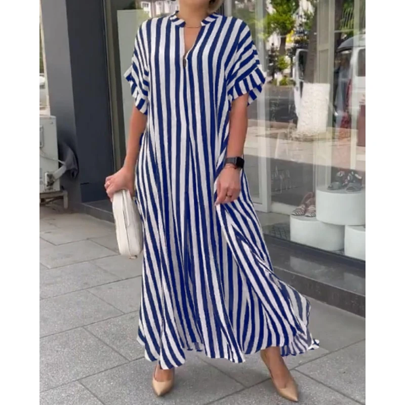 

Fashion Summer Blouse Dress Women Striped Long Sleeved Lapel Long Cardigan Street Casual Loose Chic Vestidos