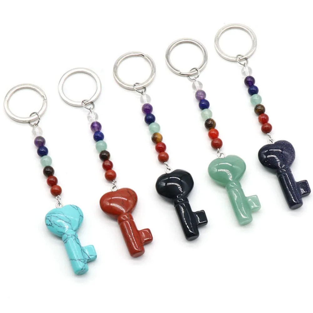 

Love Heart Key Shaped Natural Crystal Keychain 7 Chakra Gemstone Beads Healing Jewelry Gift for Couple Best Friend Family