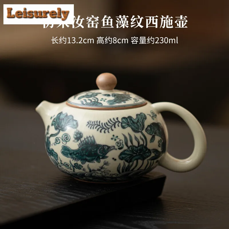 230ml Ancient Fish Algae Pattern Xishi Teapot Imitation Song Ru Kiln Ball Hole Infusions Pot Tea Brewing Kettle Cha Collection