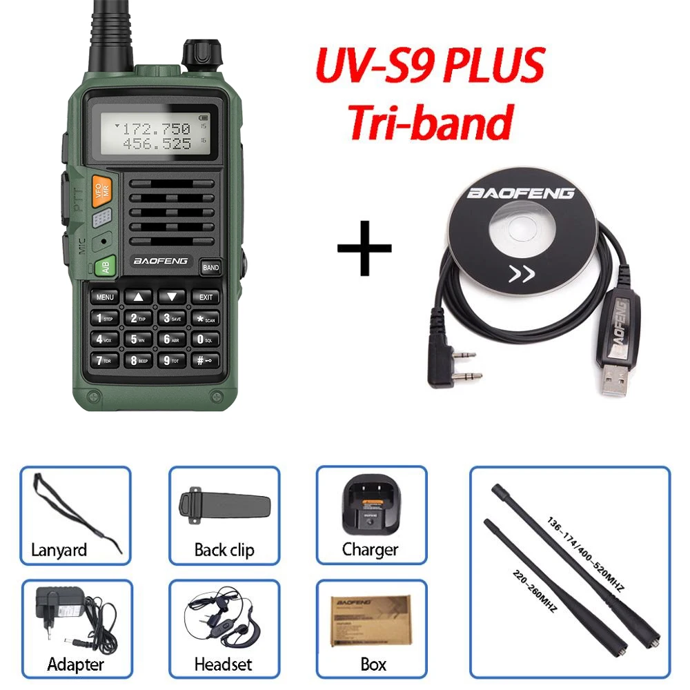 Baofeng UV-S9 PLUS Tri-Band 10W High Power Portable Two Way Radio 220-260Mhz UV 5R Upgrade Amateur Radio FM Transceiver rechargeable walkie talkies Walkie Talkie