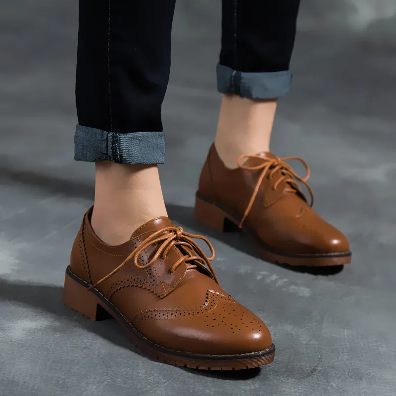 

leather oxford shoes for women flats lace up round toe derby sneaker party casual shoes slip on loafers chaussure femme