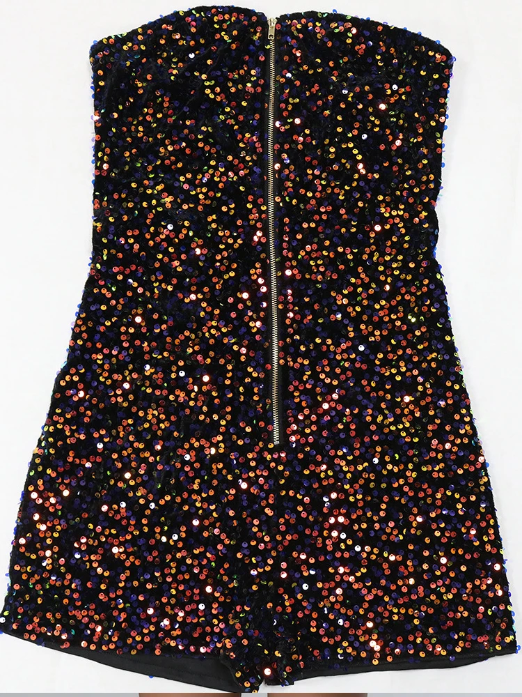 Sexy Women's Strapless Zippered Jumpsuit With Sequins Sleeveless Nightclub Party Birthday Dress Short Skirt Fashionable Style