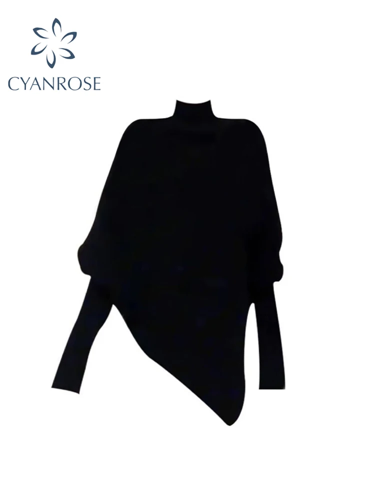 Women Black Gothic Pullover Sweater Harajuku Aesthetic Y2k Long Sleeves Turtleneck Knitted Sweaters Vintage 2000s Clothes Autumn