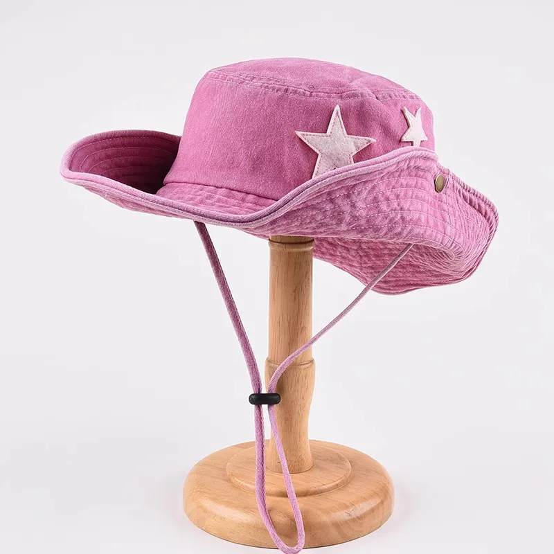Hot Sale Punk Stars Bucket New Summer Y2K Star Pink Retro Big Brim Outdoors Sun Protection Girl Cowboy Hat Casual Jazz Cap_senzul.com