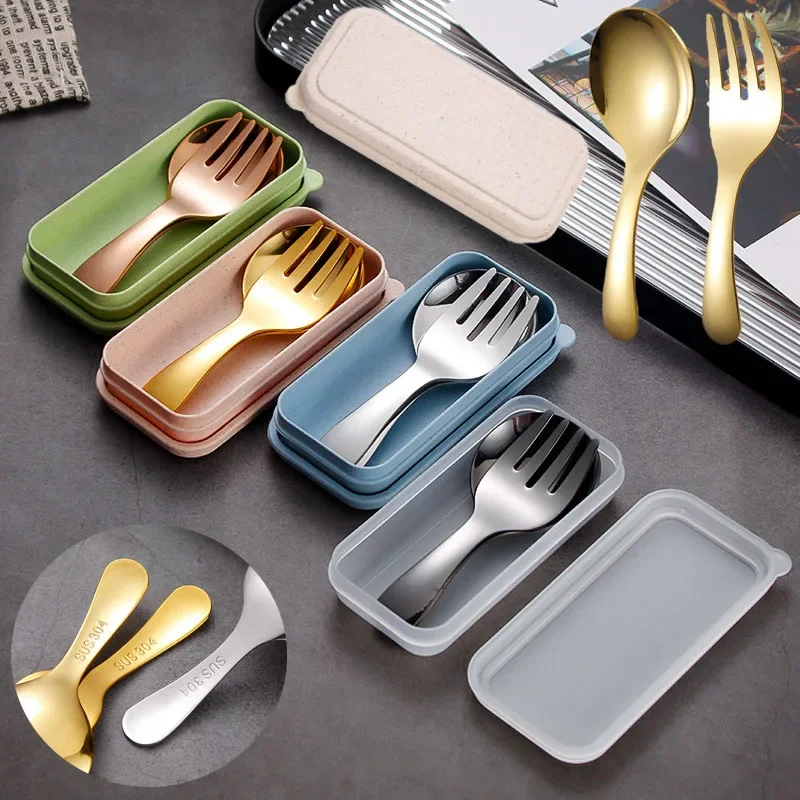 Mini portable stainless steel spoon fork set storage dessert fruit tool for work school short handle tableware suitable for kids picnic camping western style