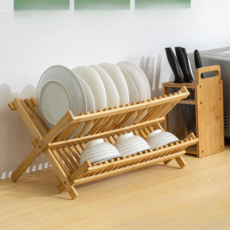 Folding Bamboo Dish Drainer Utensil Drying Rack Holder Wooden Plate Storage Rack Kitchen Space-Saving Dish Organizer