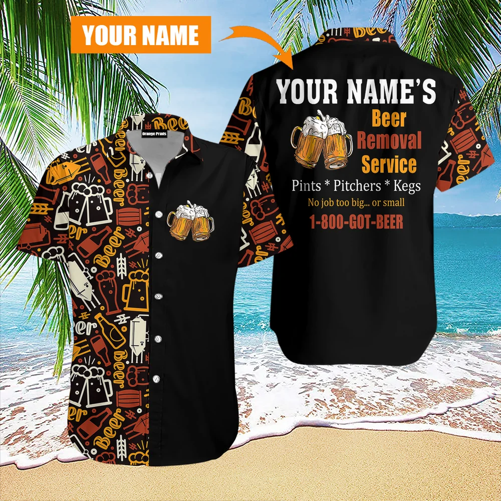 New Hawaiian Shirts Beer Removal Service Name Cuban Collar Top Short Sleeve Patchwork for Men Vintage Plus Size