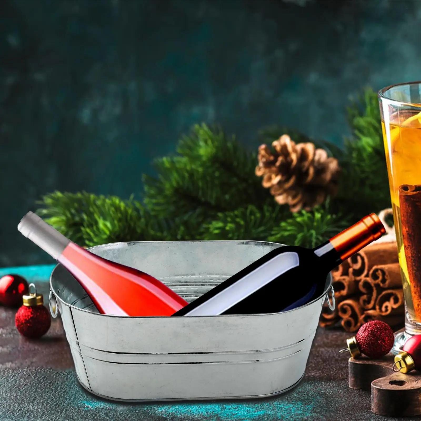 Galvanized Oval Beverage Tub Ice Bucket Portable with Handle Tin Wine Bucket Ice Tub for Cocktails Champagne Wine Restaurant