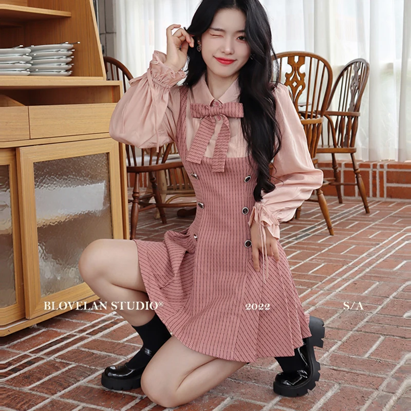 

Elegant Women Dress Kawaii Long Sleeve Sweet Office Ladies Casual Vintage Patchwork One-Piece Pink New Korean Fashion Chic Dress