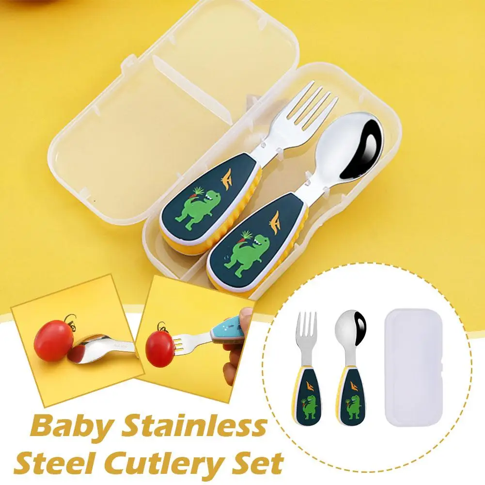 2Pcs Short Handle Utensil Toddler Utensils Cute Toddler Feeding Spoon And Fork Set Steel Innovative Cartoon Dinosaur