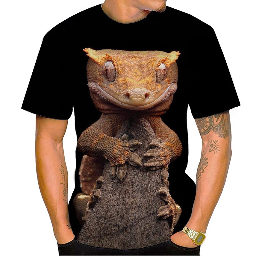 

Новая летняя футболка с изображением героев мультфильмов Gecko, забавная 3D-печать, футболка с короткими рукавами, принт в виде ящерицы, Повседневная футболка унисекс с круглым вырезом
