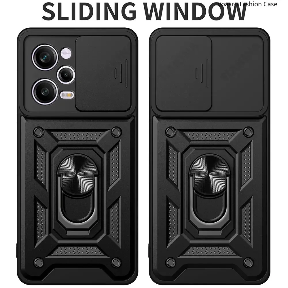 Rugged Hybrid Case With Slide Lens Cover & Kickstand For Xiaomi Poco X5, Redmi Note 12, 11, 10 & More