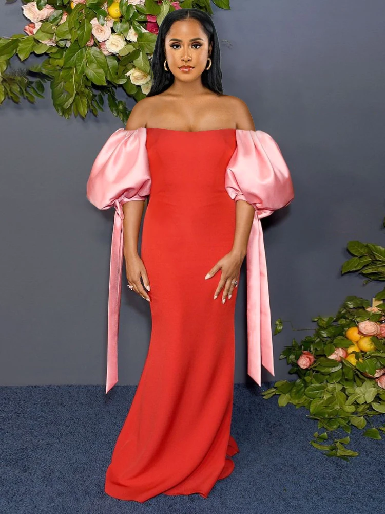 

Party Women Maxi Dress Strapless Off Shoulder Lace Up Short Puff Sleeves Patchwork Backless Evening Birthday Sexy Party Gown