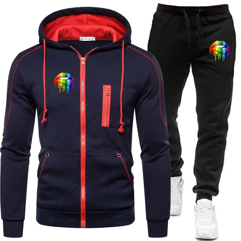 Men's Brand Tracksuit Casual Jogging Set Fashion All-Match Outdoor Suit Hot Sale Man Vertical Zipper Jacket+Black Sweatpant 2Pcs