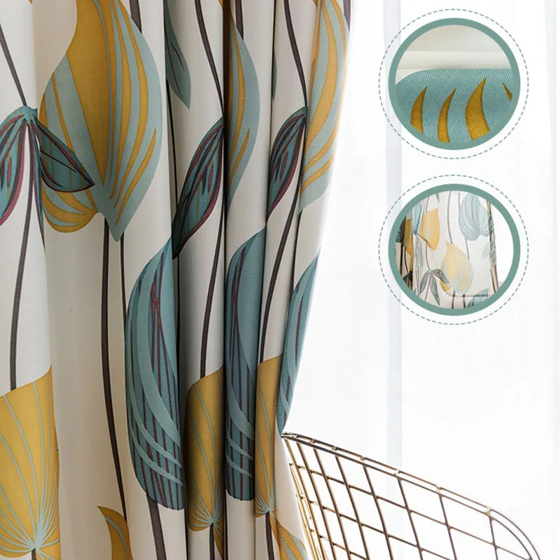 Blue And Yellow Leaf Curtains For Living Room Leave Print Semisheer
