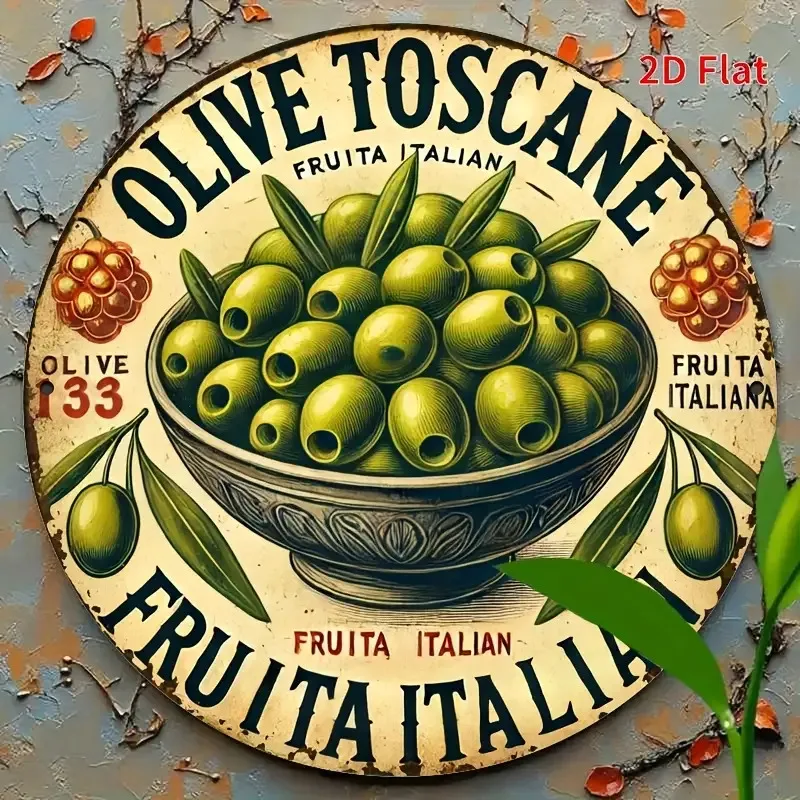 Vintage Italian Olive Toscanne Metal Wall Art Sign - Rustic Round Design with Italian Text and Olives