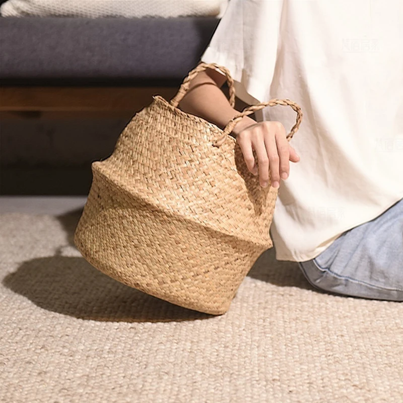 Woven Storage Basket Natural Seagrass Handmade Folding Clthoes Laundry Basket Straw Wicker Rattan Storage Flower Pot Beach Bag 1