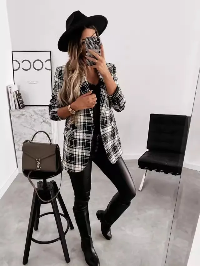 Women's New Long sleeved Double breasted Suit Plaid Coat Loose and Personalized Versatile Commuter Clothing