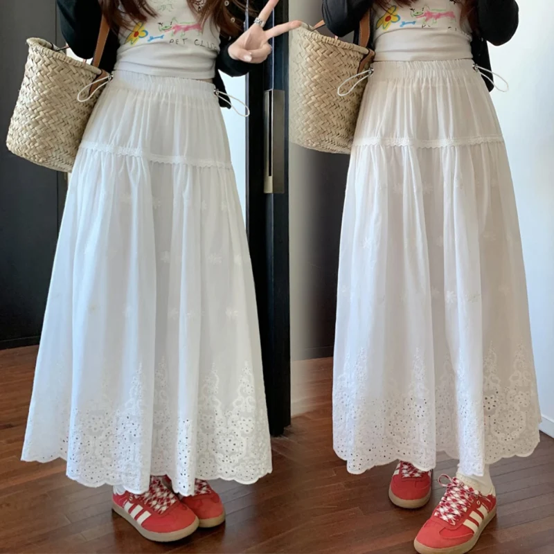 Korean Style Sweet Summer A-Line Maternity Skirt Drawstring Waist Hollow Out Embroideried Lace Pregnant Woman Skirt Breathable