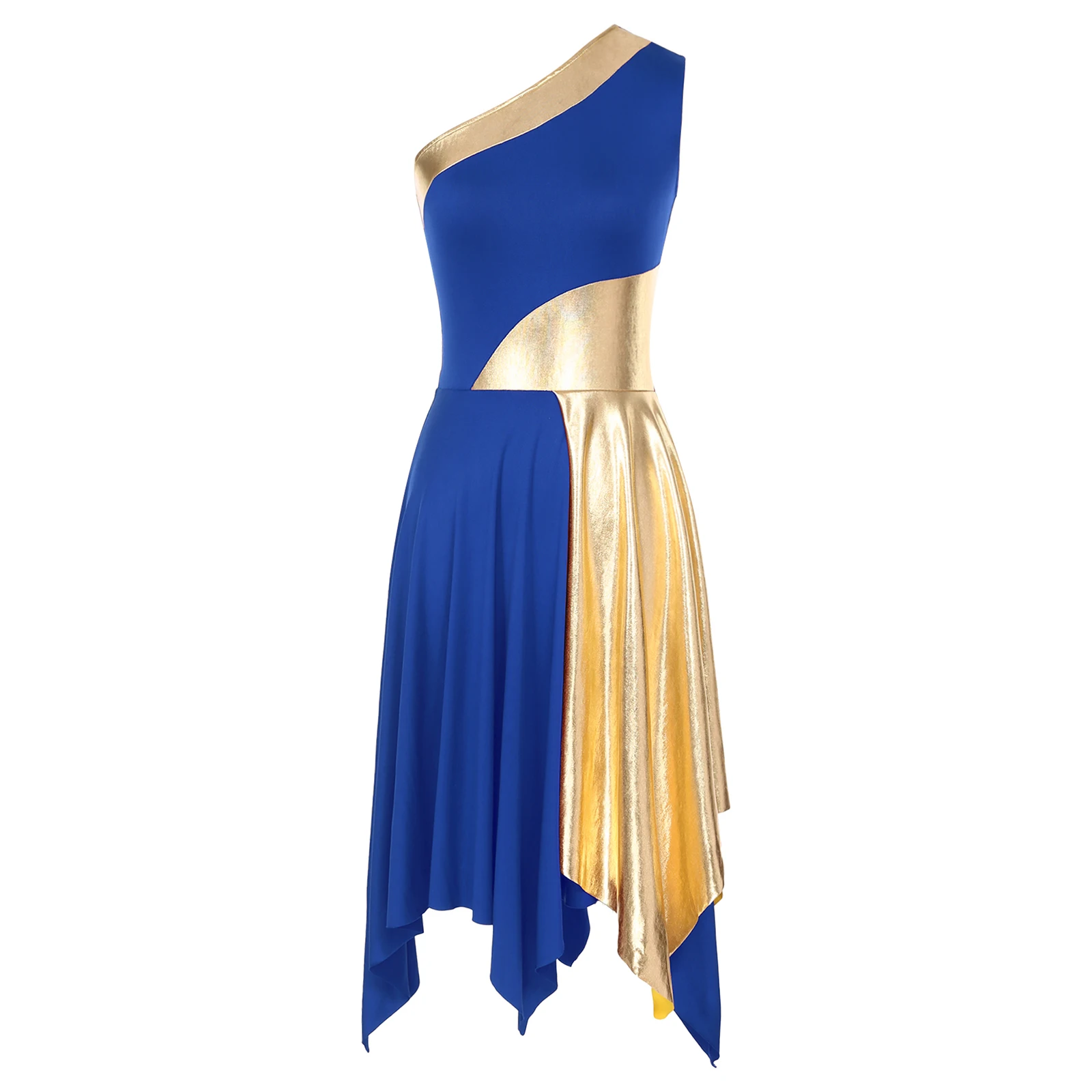 Liturgisches Lobpreis-Tanz-Outfit für Damen, einschultriges, unregelmäßiges Saum-Chor-Kirchen-Ballettkleid mit metallischer Hose mit weitem Bein – Detail 28