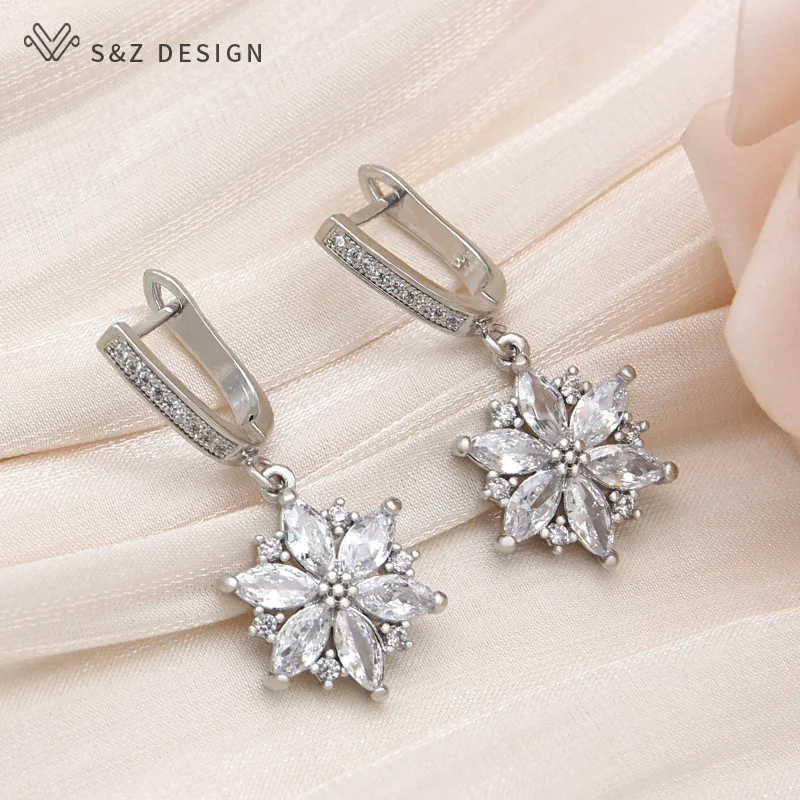 S&Z DESIGN New Fashion 585 Rose Gold Color Flower Dangle Earrings For Women Wedding Party Jewelry Cubic Zirconia Eardrop Gift