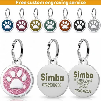 Free Personalized Dog Cat Plate Tags Engraved Puppy Pet ID Name Collar Tag Alloy Paw Glitter Pendant Pets Dogs Accessories 1