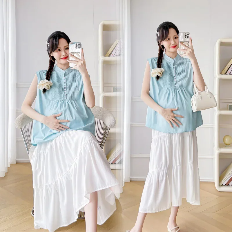 New Hot Sale Of The Season Summer Korean Style Maternity Shirt Dress Loose Doll Folded Half Skirt Set Sweet Single Button Casual
