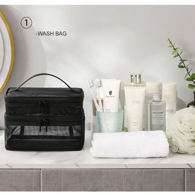 Travel Mesh Wash Storage Bag Makeup Organizer Cosmetics Make Up Skincare Box Plastic Container Handbag For Women Men Bathroom 6