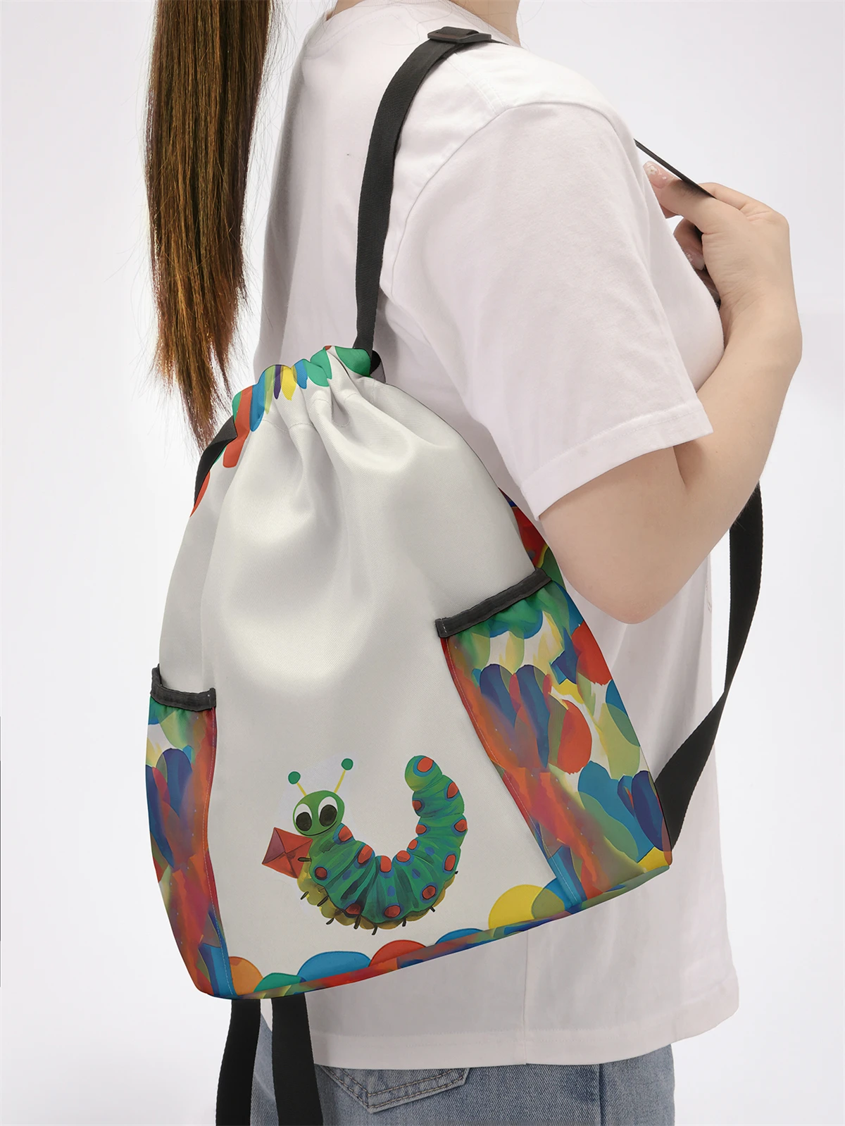 Caterpillar Pattern Drawstring Backpack - Large Capacity Durable Fitness Bag, Adjustable Shoulder Straps, Sports Beach Backpack