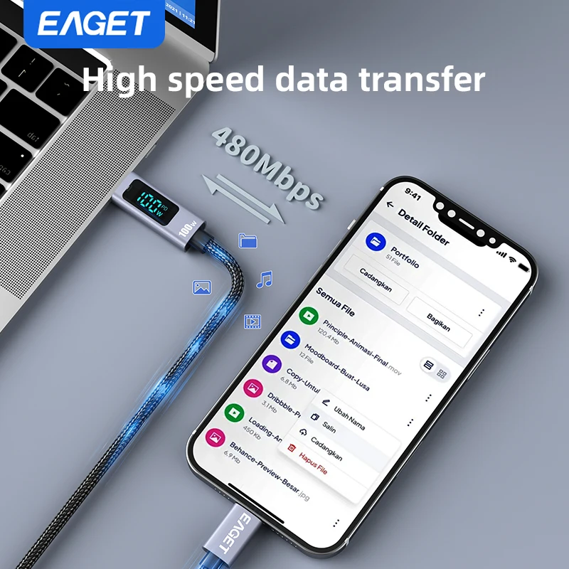 EAGET 100W USB C 고속 충전 케이블 USB-C to USB-C PD3.0 디스플레이 화면 E-Marker 칩 내장 나일론 소재 노트북 태블릿 휴대폰용