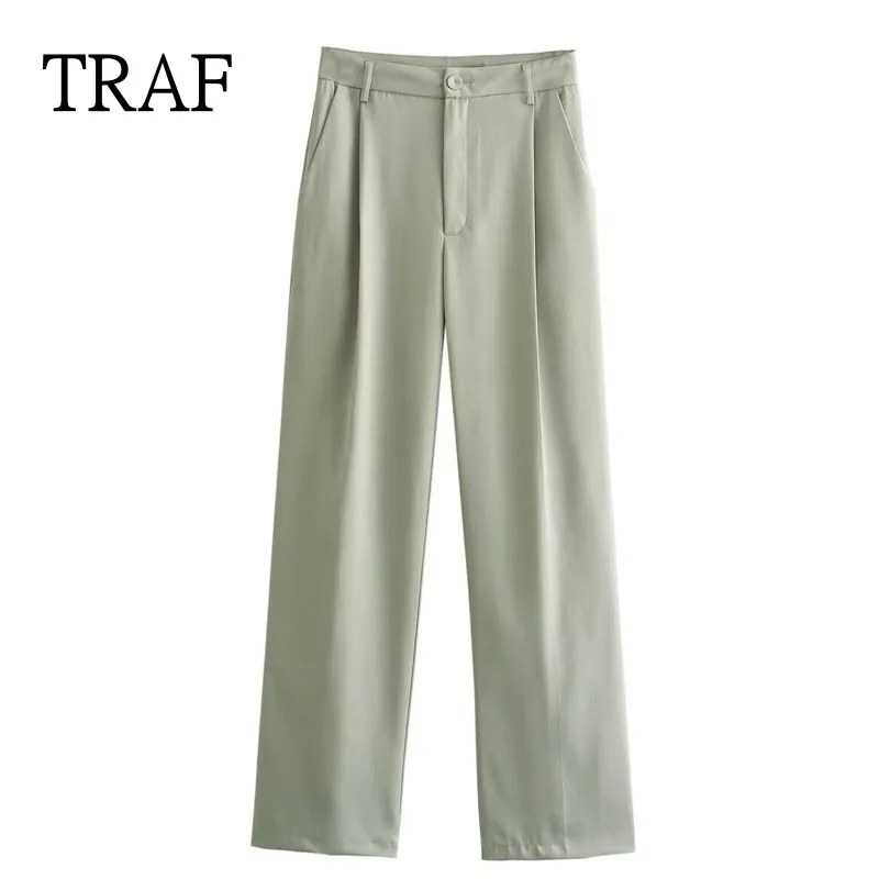 

TRAF 2024 Women Pant Summer High Waist Wide Pants Woman Clothing Loose Casual Trouser Sets Female Bean Green Straight Pants