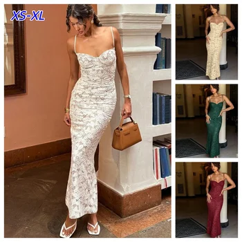 Y2K White Lace Floral Maxi Dress For Women Backless Fashion Patchwork High Waist Spaghetti Slim Female Halter Tube Dresses