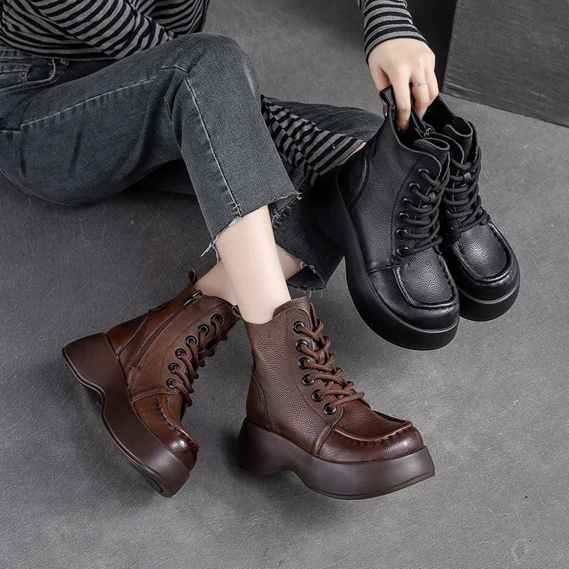 

Krasovki 5.5cm Natural Genuine Leather Women British Moccasins PUNK Fashion ZIP Spring Ankle Boots Platform Wedge Autumn Shoes